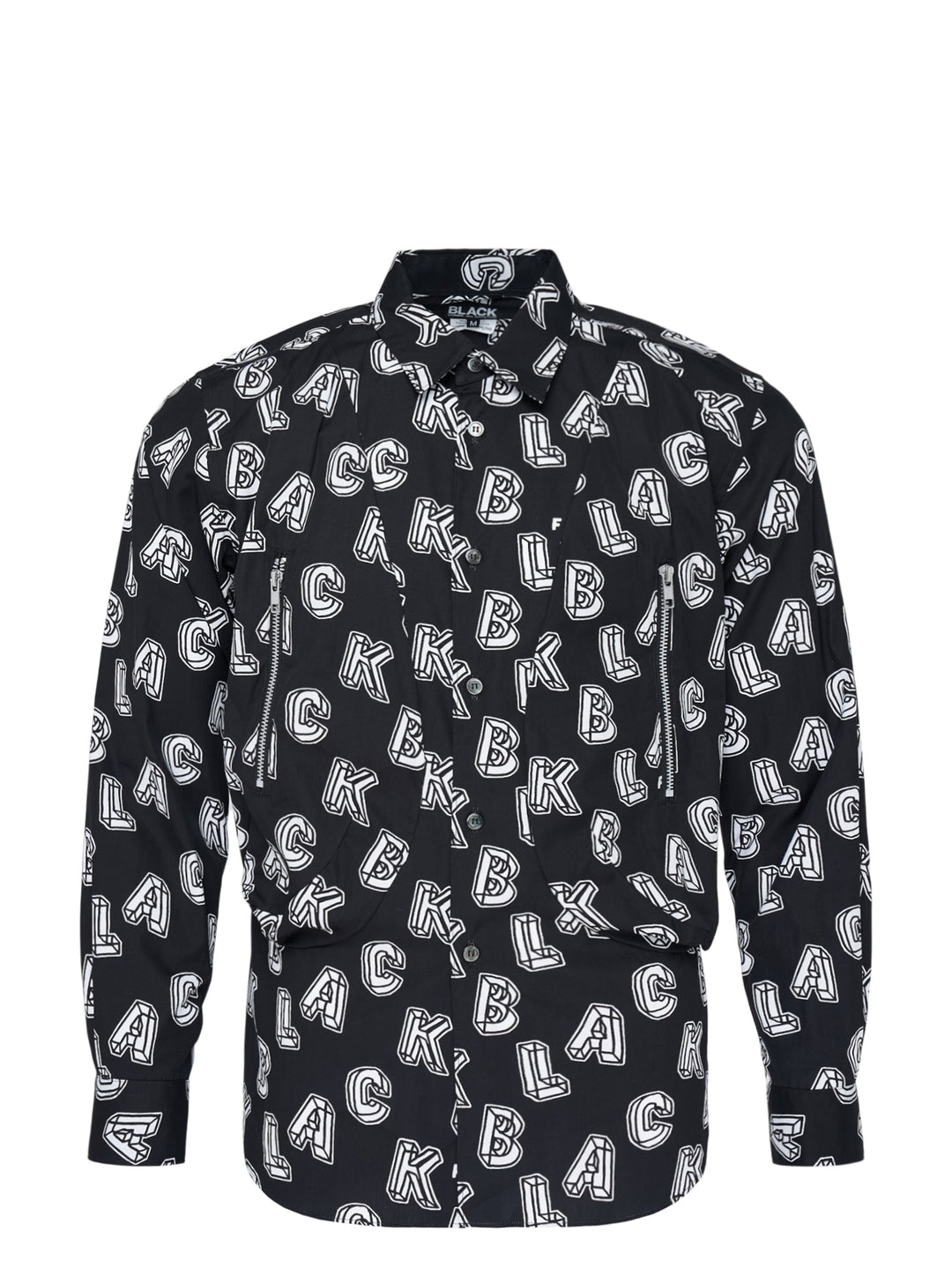Comme des Garçons BLACK Filip Pagowski long sleeve black cotton shirt with all-over 3D white typographic letterform print and zip detailing on the front panels