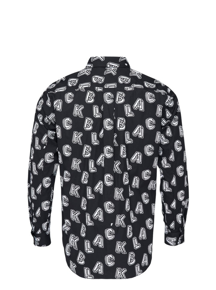 Comme des Garçons BLACK Filip Pagowski long sleeve black cotton shirt with all-over 3D white typographic letterform print and zip detailing on the front panels - view 2