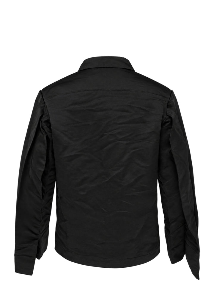 Comme des Garçons BLACK heavy polyester satin jacket in black, featuring a mandarin collar, three frog-button closures, and two patch pockets on a white background - view 2