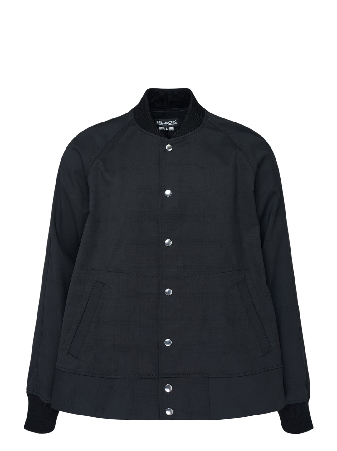 Comme des Garçons BLACK wool-blend bomber jacket in black with silver snap-button closure, ribbed collar, cuffs and hem, and two hip welt pockets