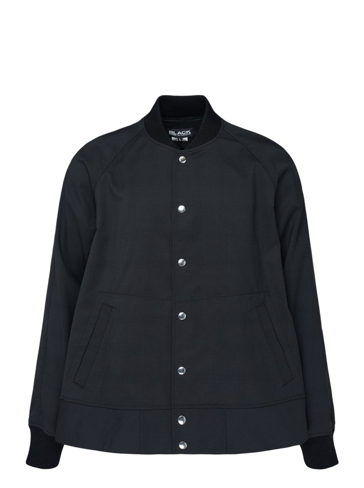 Comme des Garçons BLACK wool-blend bomber jacket in black with silver snap-button closure, ribbed collar, cuffs and hem, and two hip welt pockets