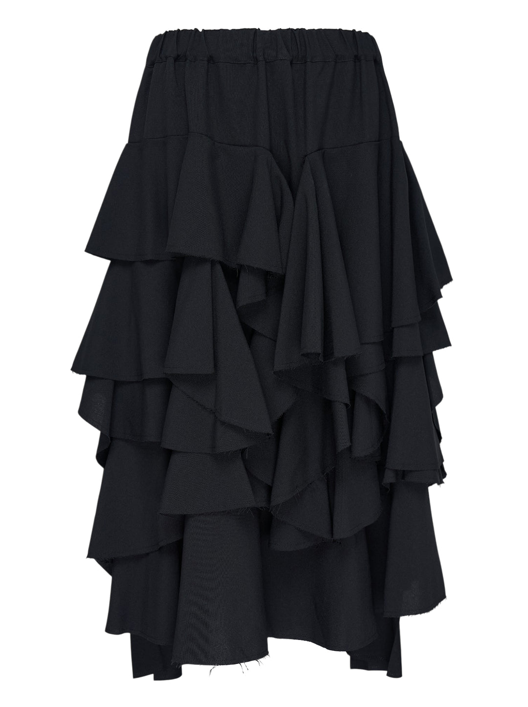 Comme des Garçons Black black polyester tiered ruffle midi skirt with cascading raw-edged layers and elasticated waistband, shown on white background