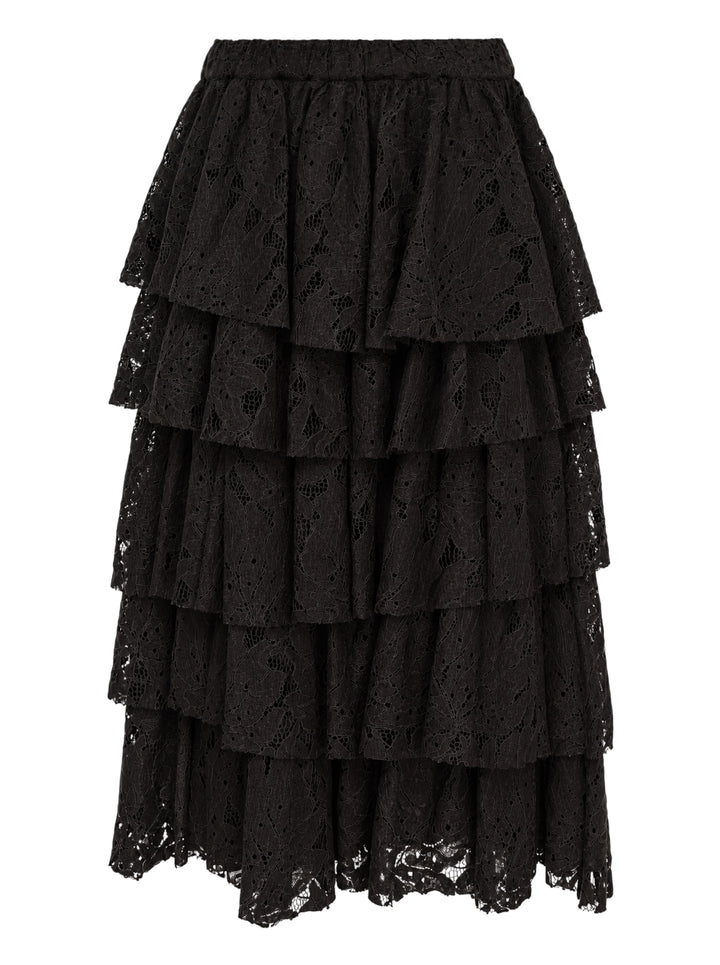 Black tiered floral lace midi skirt with an elasticated waist and scalloped hem by Comme des Garçons Black