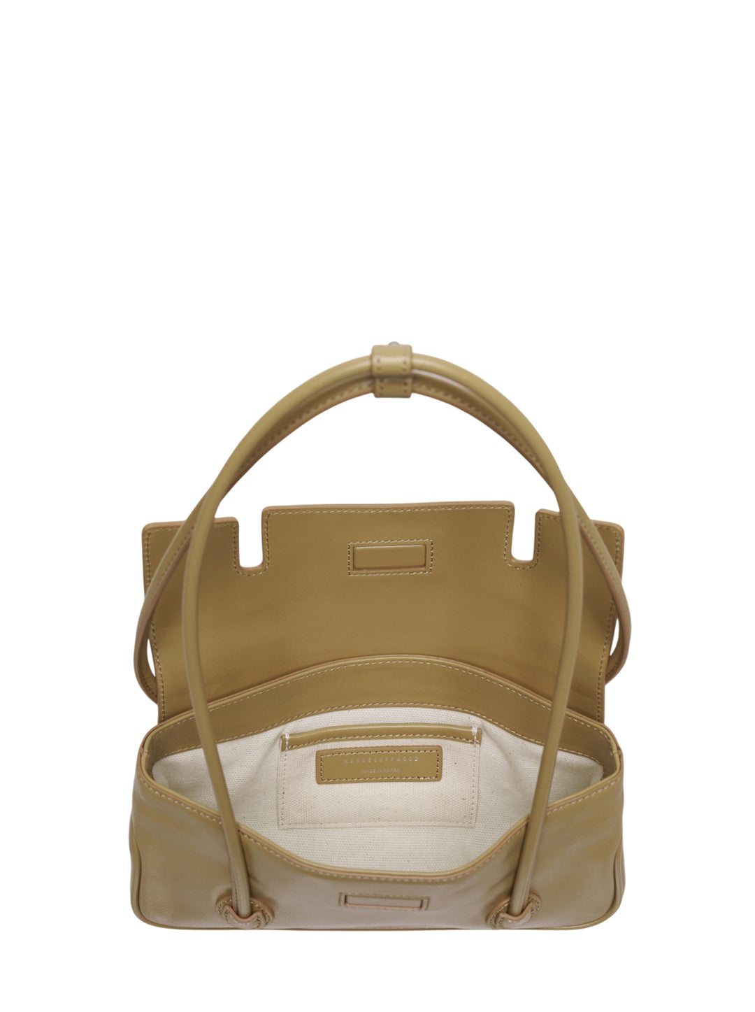 Marge Sherwood Flap Small shoulder bag in olive tan smooth leather with tubular twin top handles gathered at a single ring, front flap closure, and contrast topstitching, front view on white background - view 3