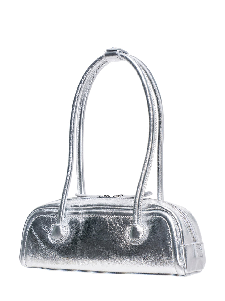 Marge Sherwood Soft Boston Mini shoulder bag in crinkled metallic silver leather with sculptural tubular top handles and embossed logo lettering - view 2