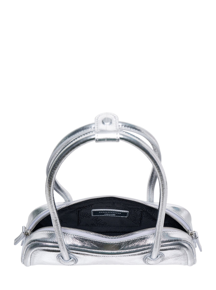 Marge Sherwood Soft Boston Mini shoulder bag in crinkled metallic silver leather with sculptural tubular top handles and embossed logo lettering - view 3