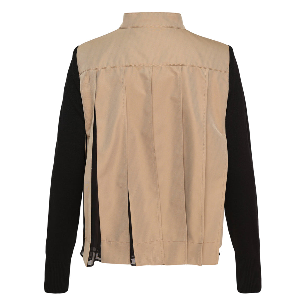 sacai Cotton Gabardine x Knit Cardigan in black with tan gabardine stand collar and angular yoke panels, four-button front fastening and patch pockets