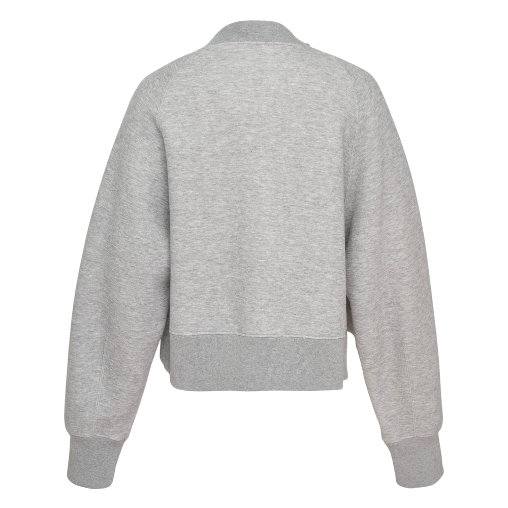 sacai Sponge Sweat Pullover in heather grey, featuring an asymmetric diagonal zip across the chest, cutout neckline detail, and ribbed cuffs and hem