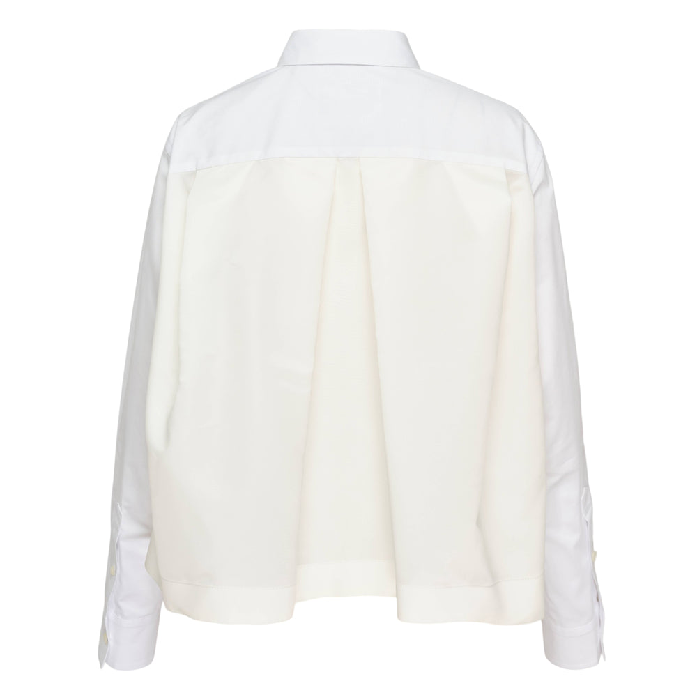 sacai Cotton Poplin x Nylon Twill Shirt in blue and white stripe with contrast olive nylon back panel, long sleeves, point collar, and chest pocket — front view