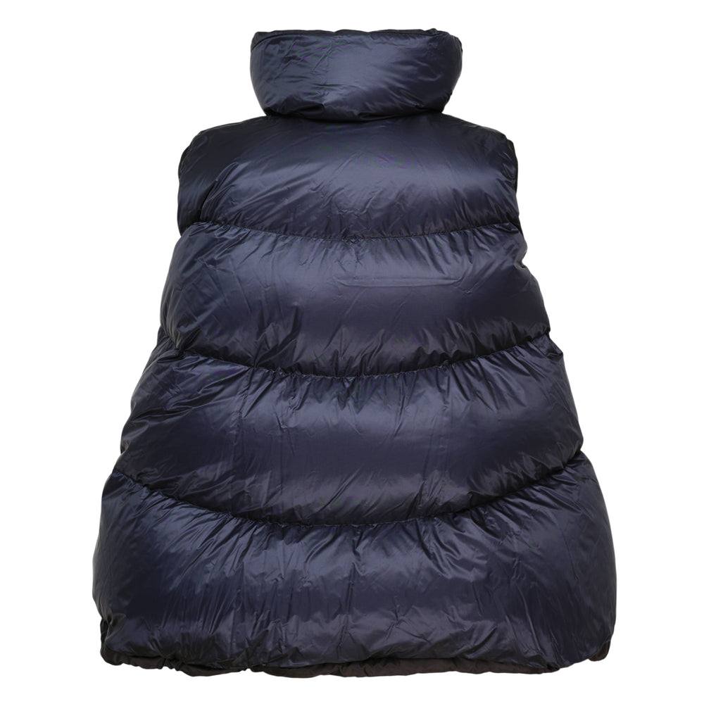 sacai navy blue high-gloss quilted down puffer gilet with funnel collar, contrast zip placket, and voluminous A-line hem with drawcord adjusters