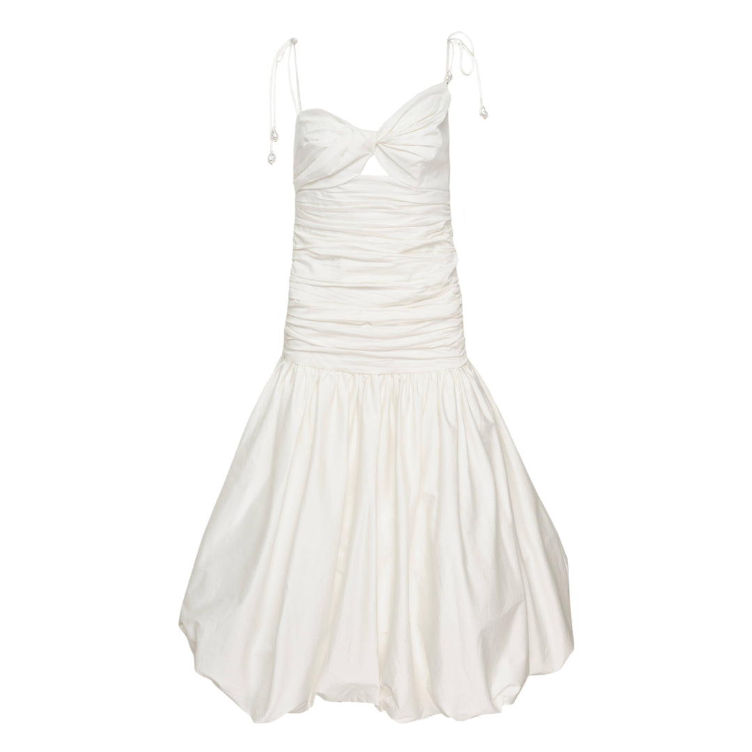 White Cotton Gathered Midi Dress