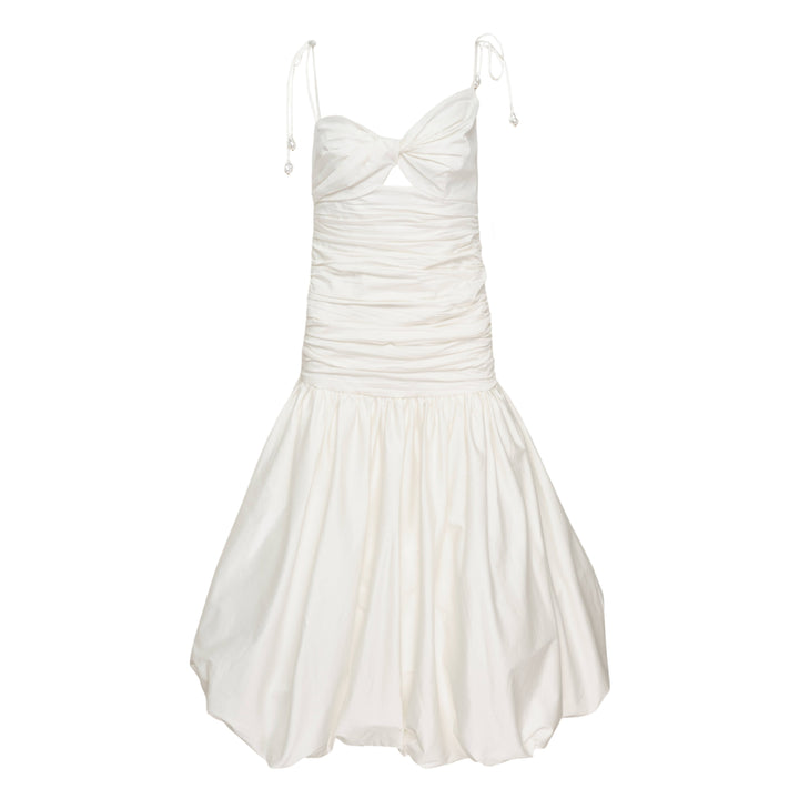 White Cotton Gathered Midi Dress