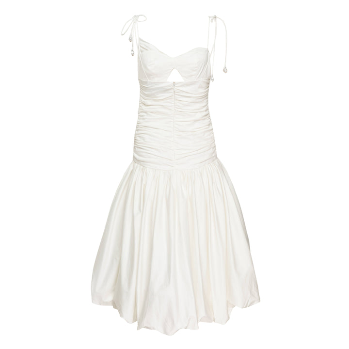 White Cotton Gathered Midi Dress