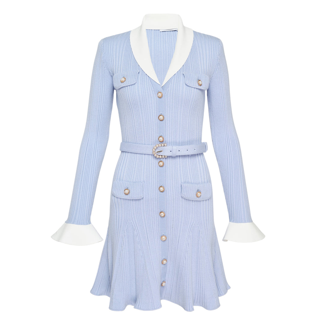 Blue Ribbed Knit Mini Dress