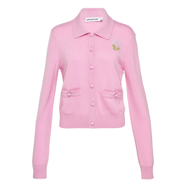 Pink Flower Embroidered Knit Cardigan
