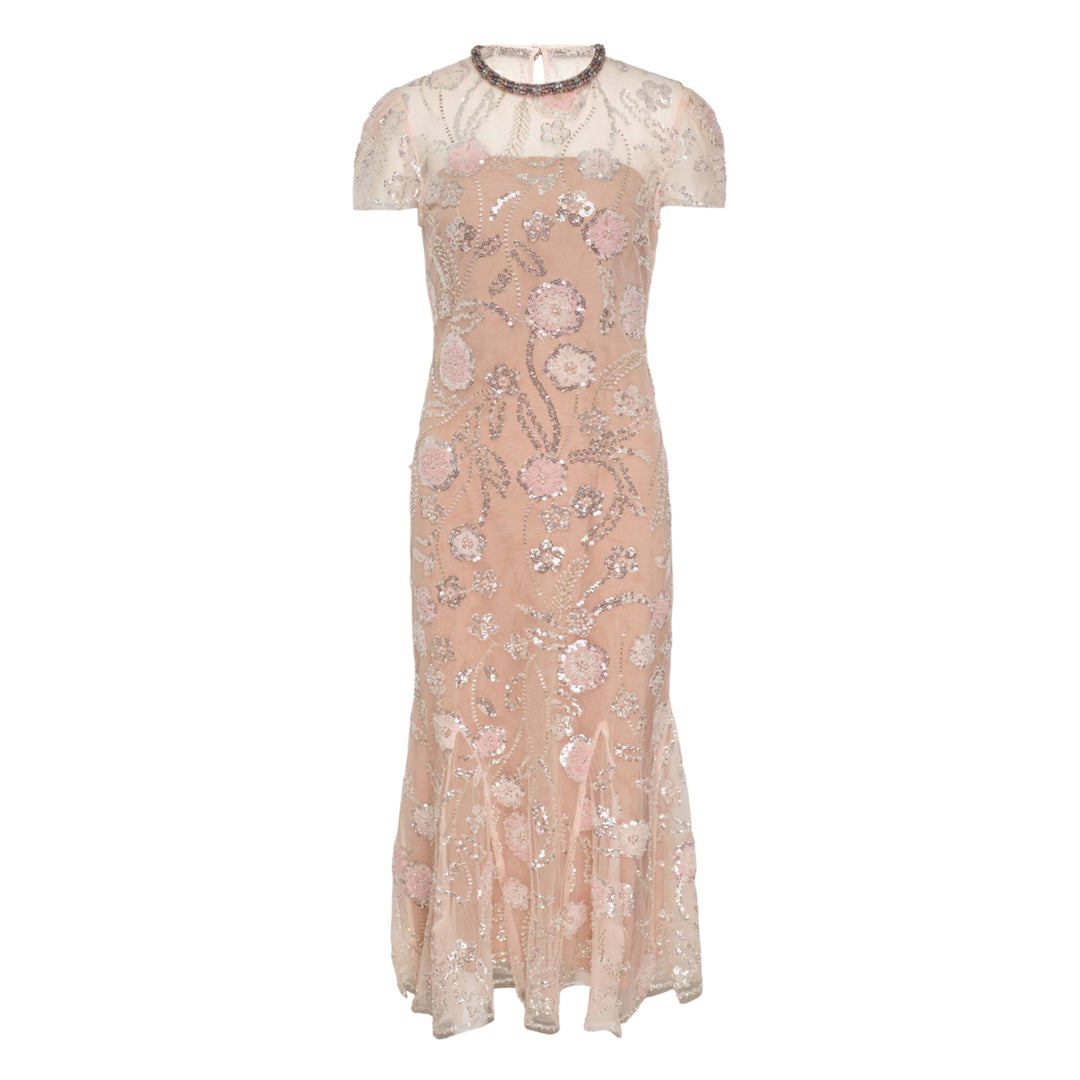 Pink Flower Sequin Midi Dress