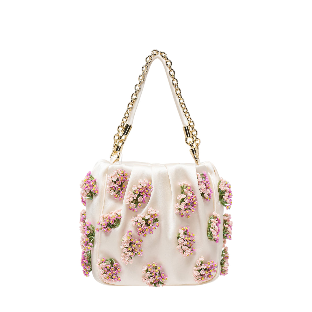 Cream Satin Floral Beaded Tote