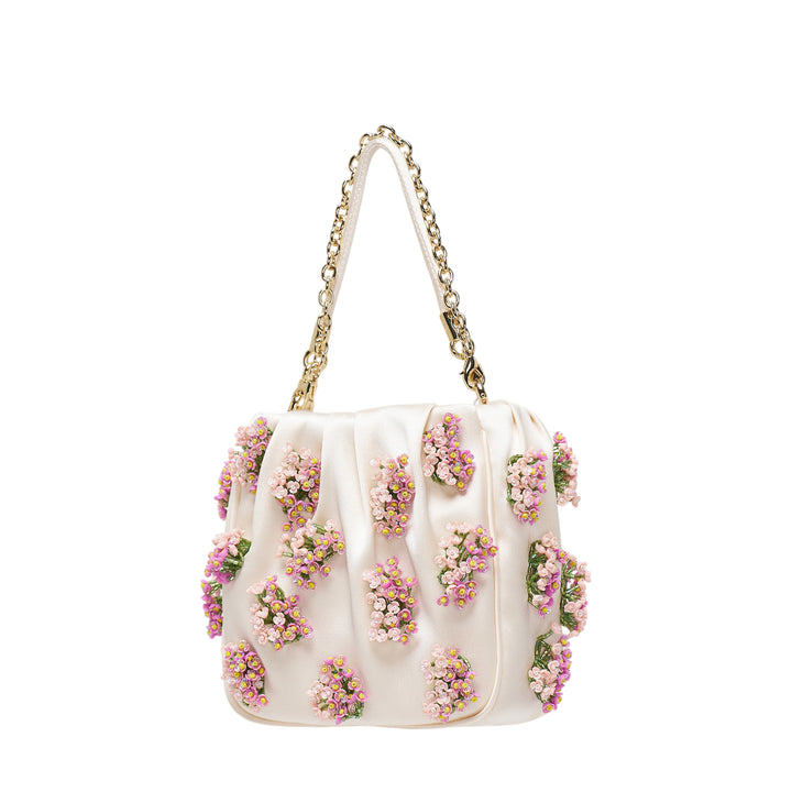 Cream Satin Floral Beaded Tote