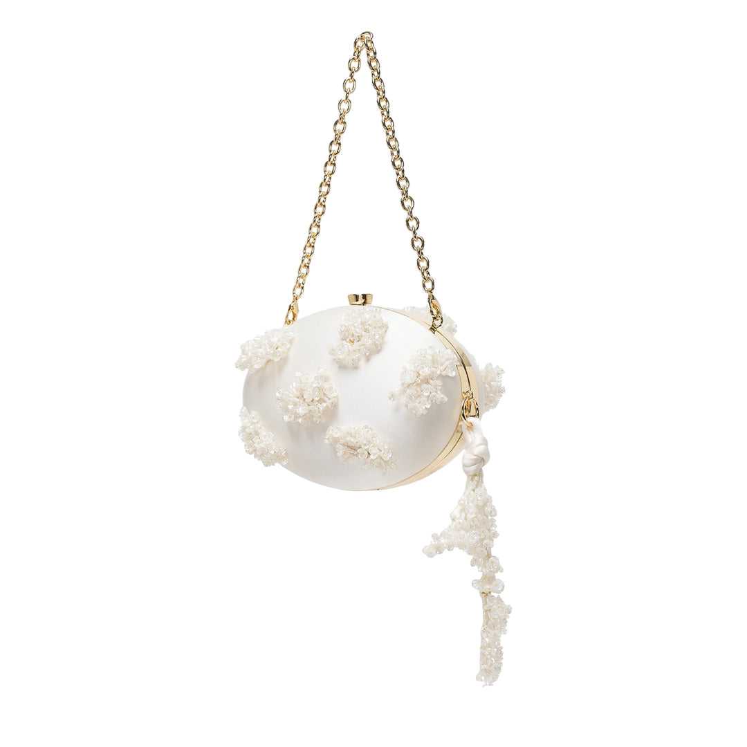 Cream Satin Floral Beaded Oval Clutch