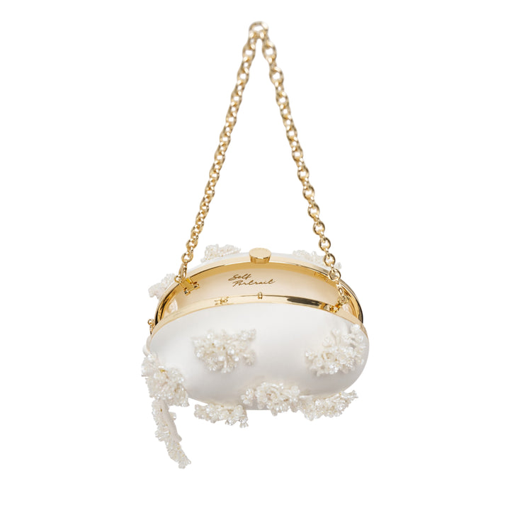 Cream Satin Floral Beaded Oval Clutch