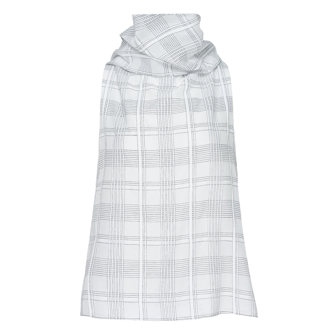 rag & bone Adela Plaid Top — sleeveless woven top with draped cowl neckline and graphic windowpane check pattern in white and black