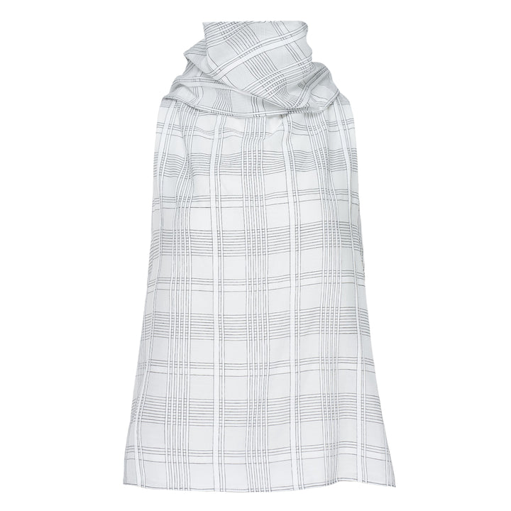 rag & bone Adela Plaid Top — sleeveless woven top with draped cowl neckline and graphic windowpane check pattern in white and black