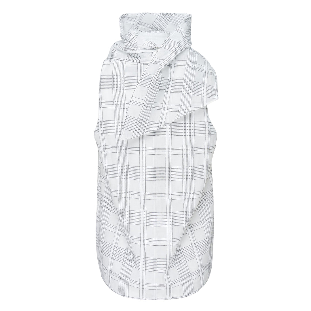 rag & bone Adela Plaid Top — sleeveless woven top with draped cowl neckline and graphic windowpane check pattern in white and black