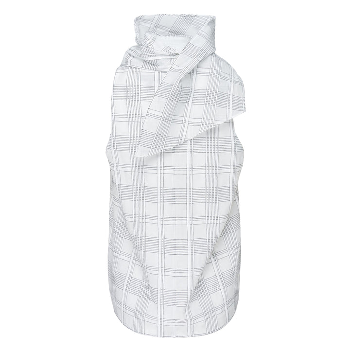 rag & bone Adela Plaid Top — sleeveless woven top with draped cowl neckline and graphic windowpane check pattern in white and black