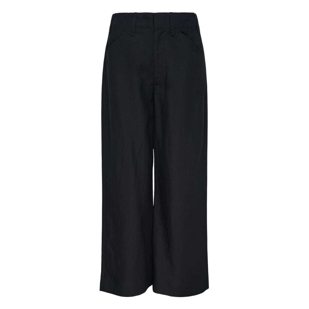 rag & bone Allison Linen Pants in black — wide-leg, high-rise silhouette with angled front pockets and belt loops, front view on white background
