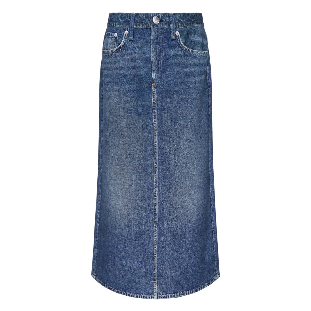 rag & bone Miramar high-rise denim midi skirt in vintage blue wash with centre front seam and A-line silhouette, front view