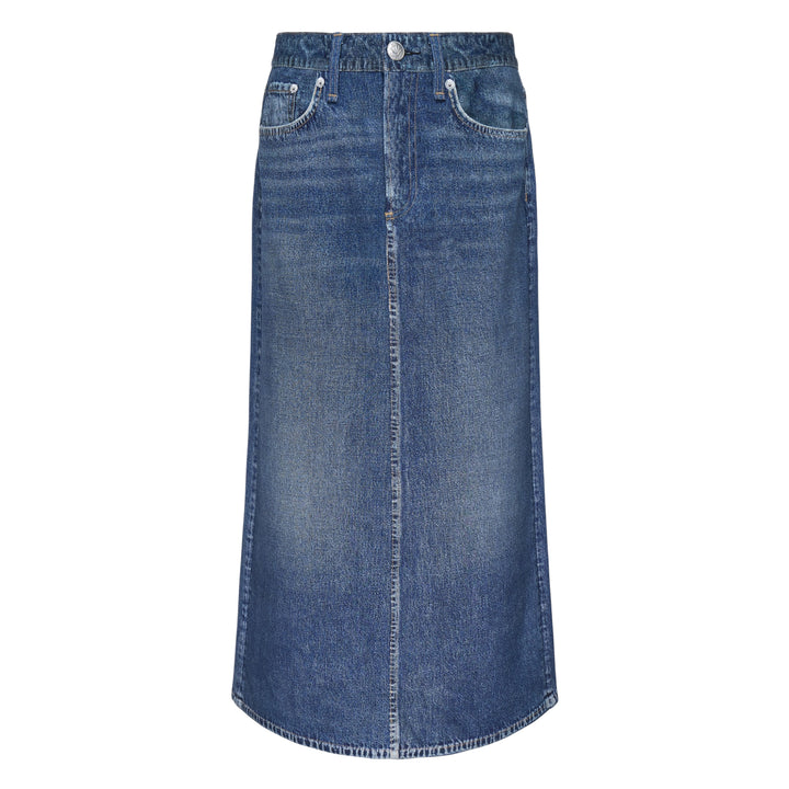 rag & bone Miramar high-rise denim midi skirt in vintage blue wash with centre front seam and A-line silhouette, front view