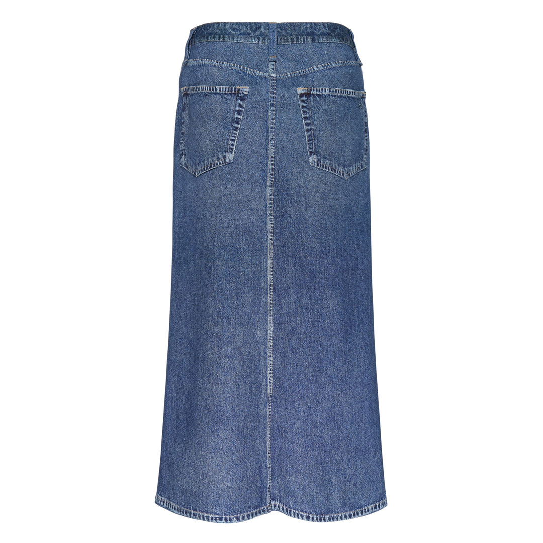 rag & bone Miramar high-rise denim midi skirt in vintage blue wash with centre front seam and A-line silhouette, front view