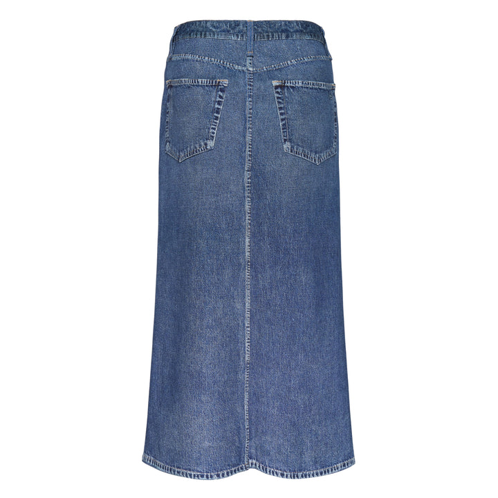 rag & bone Miramar high-rise denim midi skirt in vintage blue wash with centre front seam and A-line silhouette, front view
