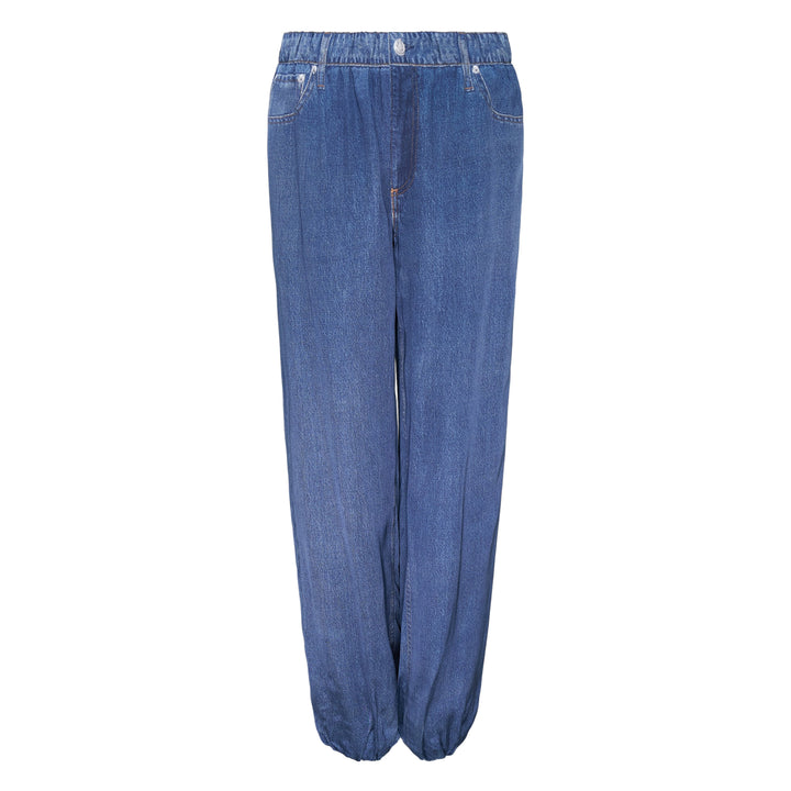 rag & bone Miramar Satin Bubble Pants in medium wash denim, featuring a relaxed wide-leg silhouette with elasticated waistband and gathered bubble hem at the ankle