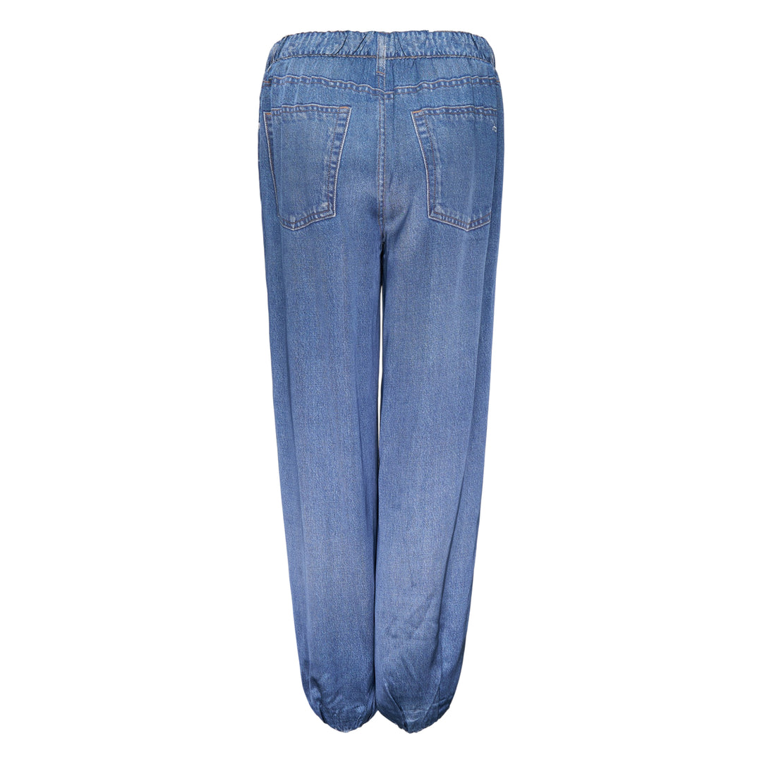 rag & bone Miramar Satin Bubble Pants in medium wash denim, featuring a relaxed wide-leg silhouette with elasticated waistband and gathered bubble hem at the ankle
