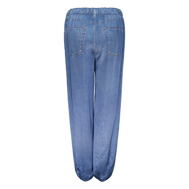 rag & bone Miramar Satin Bubble Pants in medium wash denim, featuring a relaxed wide-leg silhouette with elasticated waistband and gathered bubble hem at the ankle