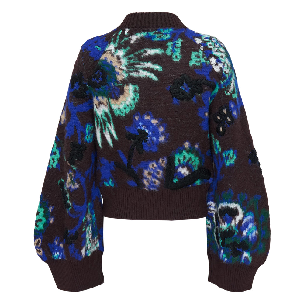 sacai Floral Jacquard Knit Blouson in dark brown with cobalt, teal, and ivory intarsia floral pattern, balloon sleeves, ribbed trims, and centre-front zip