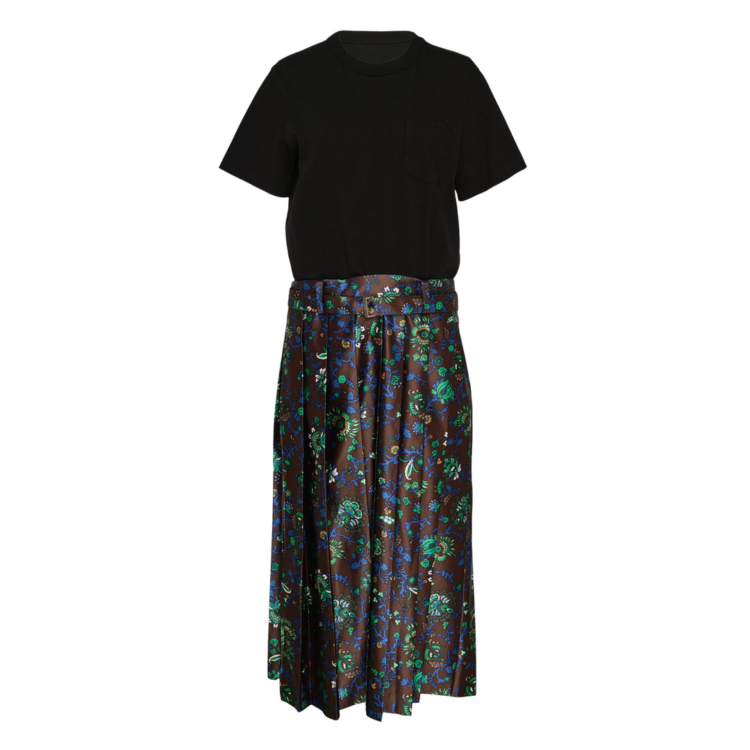 sacai Floral Print Cotton Jersey Dress with black T-shirt bodice and brown floral pleated midi skirt, front view