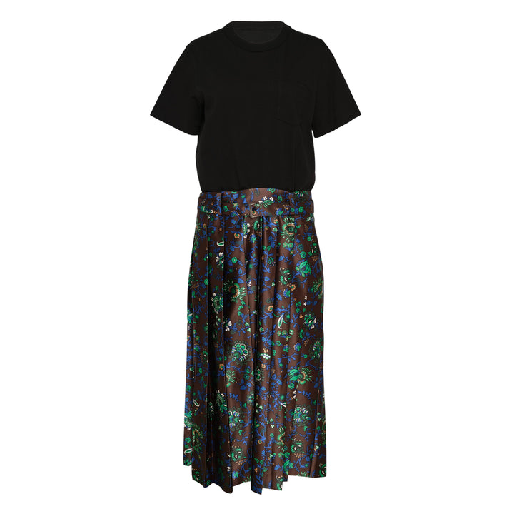 sacai Floral Print Cotton Jersey Dress with black T-shirt bodice and brown floral pleated midi skirt, front view