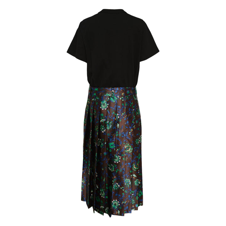 sacai Floral Print Cotton Jersey Dress with black T-shirt bodice and brown floral pleated midi skirt, front view