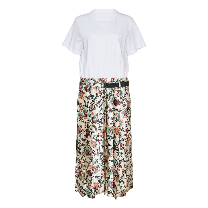 sacai Floral Print Cotton Jersey Dress with black T-shirt bodice and brown floral pleated midi skirt, front view