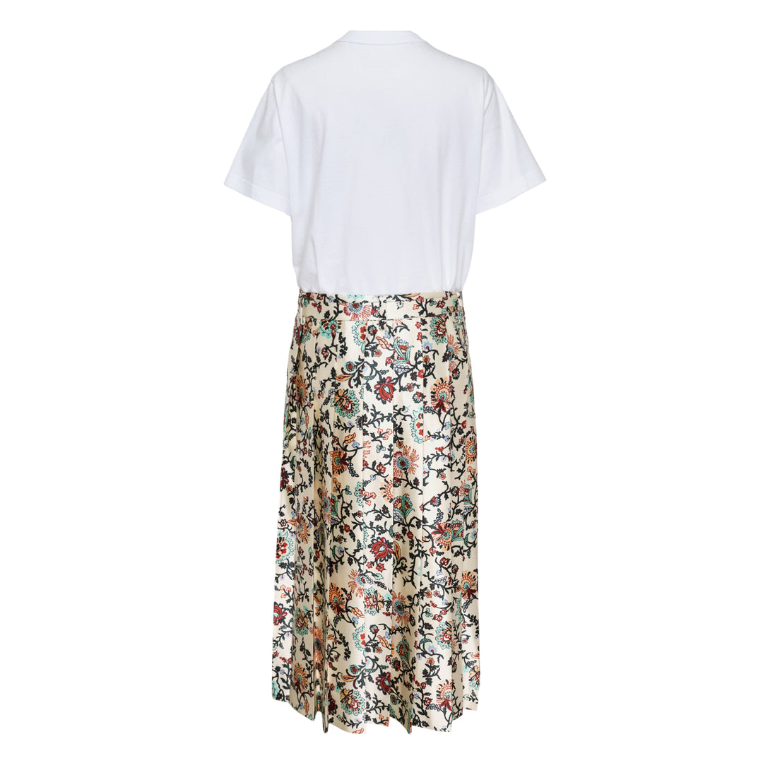 sacai Floral Print Cotton Jersey Dress with black T-shirt bodice and brown floral pleated midi skirt, front view