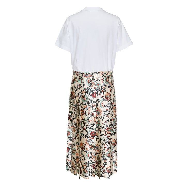 sacai Floral Print Cotton Jersey Dress with black T-shirt bodice and brown floral pleated midi skirt, front view