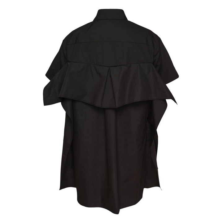 sacai black cotton poplin short-sleeve shirt dress with oversized bow waist detail and voluminous pleated skirt, front view on white background