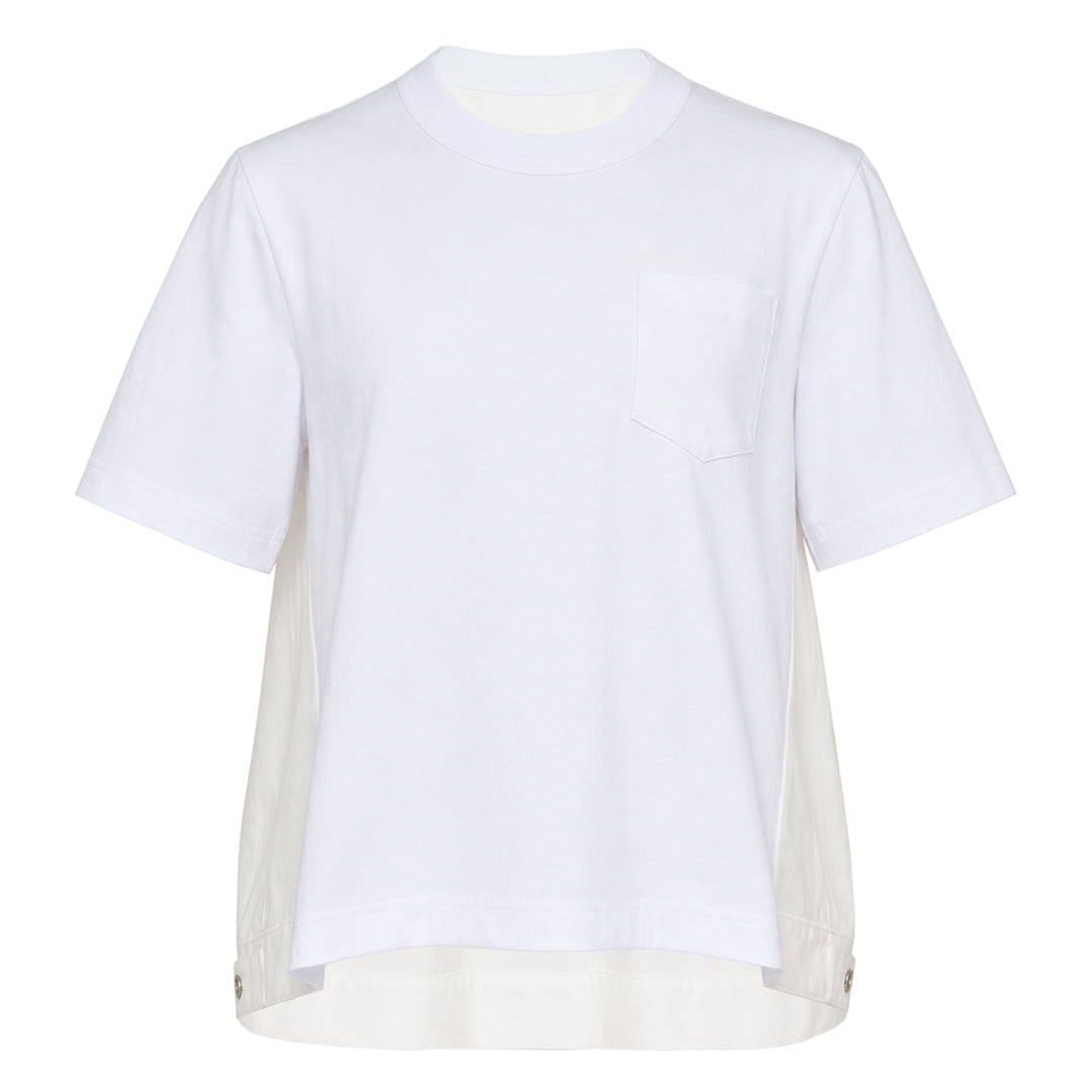 sacai Denim x Cotton Jersey T-Shirt in black and indigo, featuring panelled denim sides, a flared hem, ribbed crew neck, and a patch chest pocket