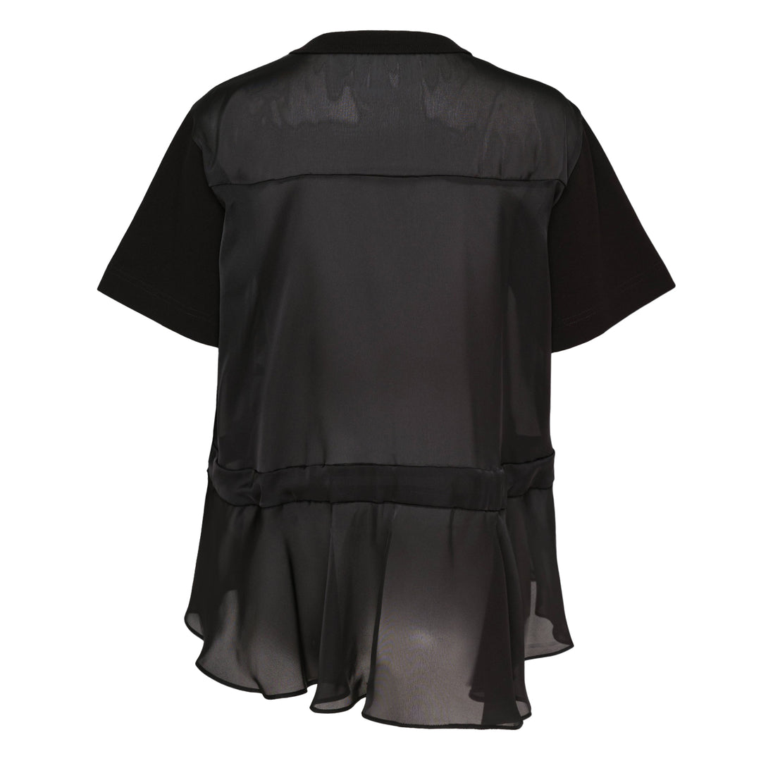 sacai Thinking Becoming Graphic Tee in black with arched collegiate print and sheer drawstring side panels