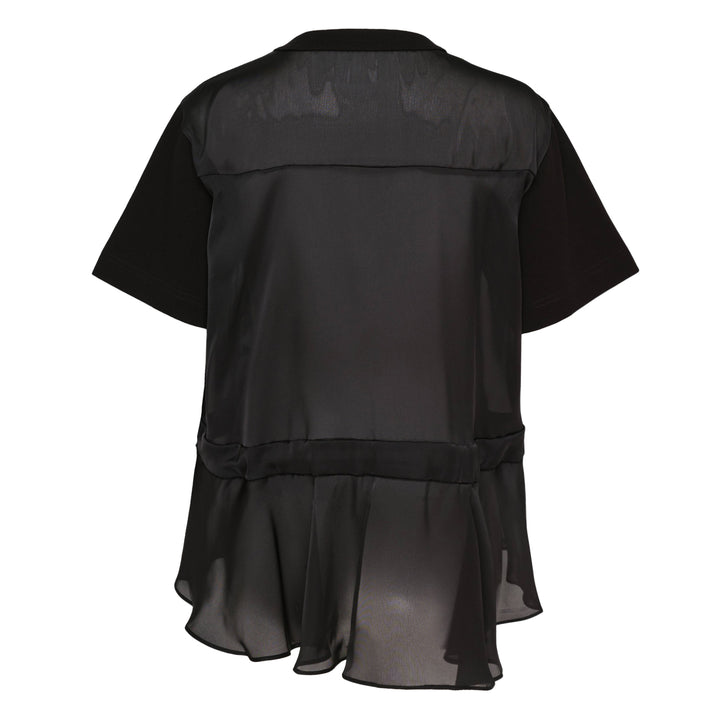 sacai Thinking Becoming Graphic Tee in black with arched collegiate print and sheer drawstring side panels