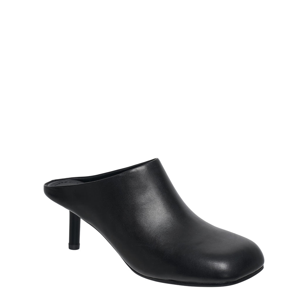 sacai black smooth leather closed-toe heeled mule with sculptural kitten heel, side profile view