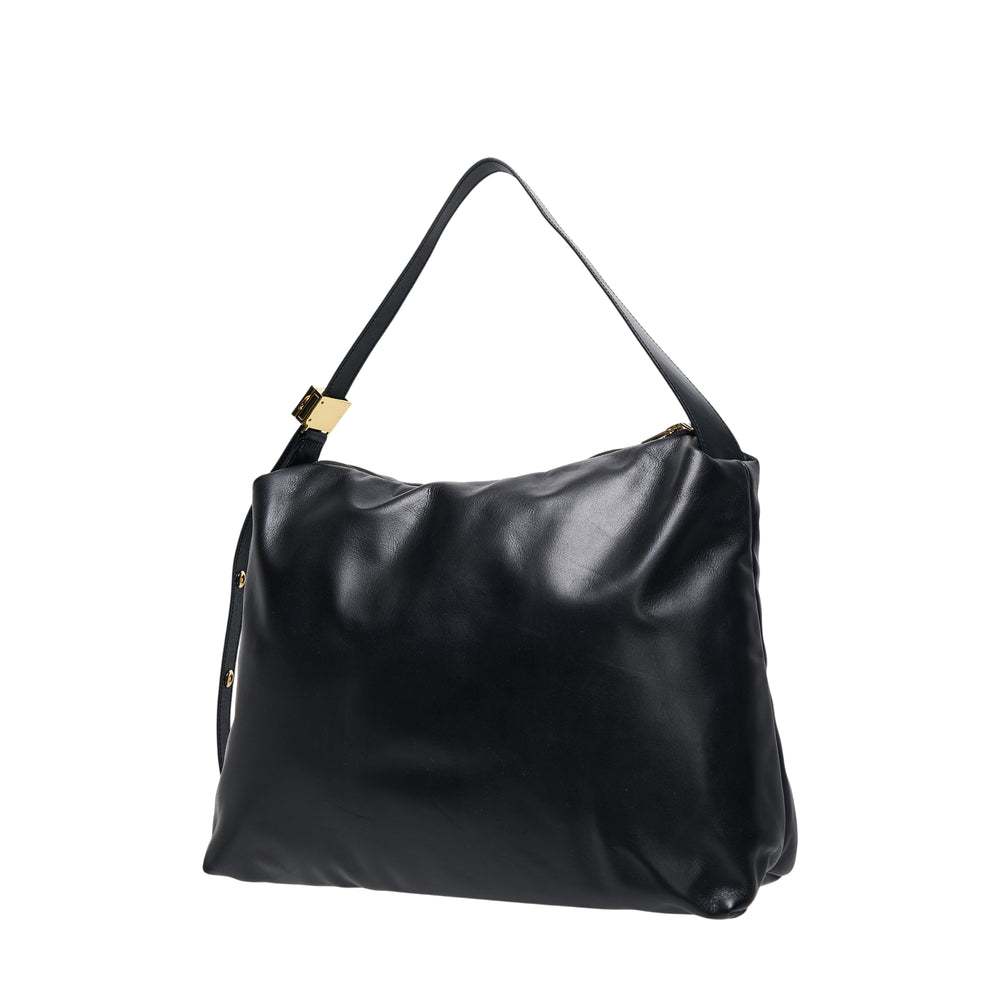 sacai large black smooth leather shoulder bag with single flat strap, gold-tone bar clasp hardware, removable crossbody strap, and zip closure