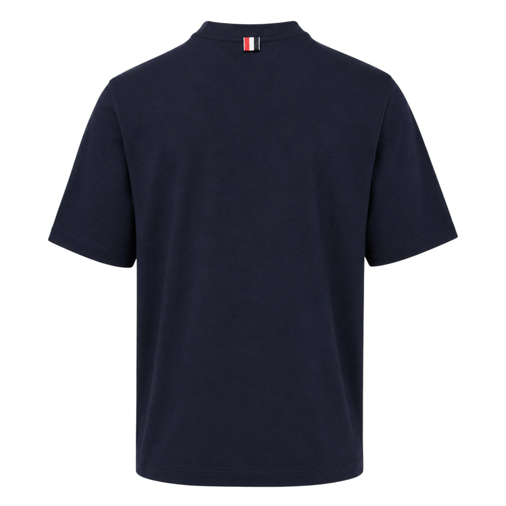 Thom Browne Oversized Colorblock Pocket Tee in heather grey with contrast navy shoulder panels, signature 4-bar stripe on the sleeve, and a navy chest patch pocket